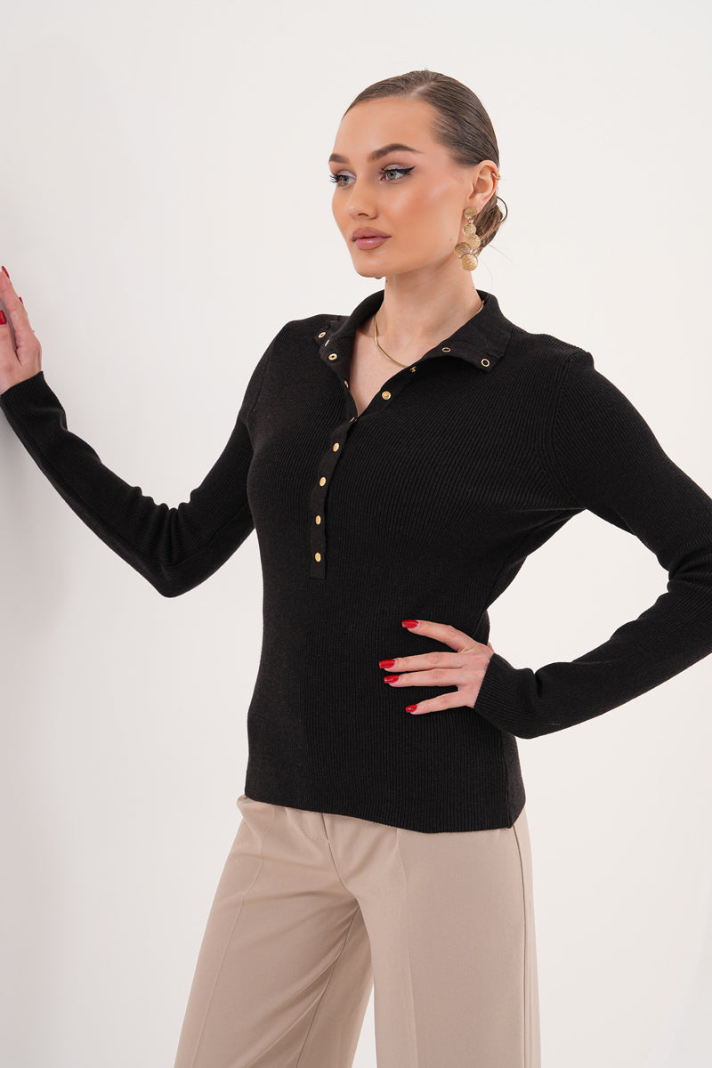 V Yaka Düğmeli Acı Kahve Triko Kazak