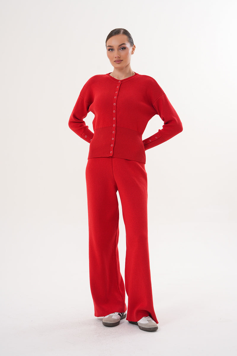Kırmızı Düğmeli Triko Eşofman Takım
