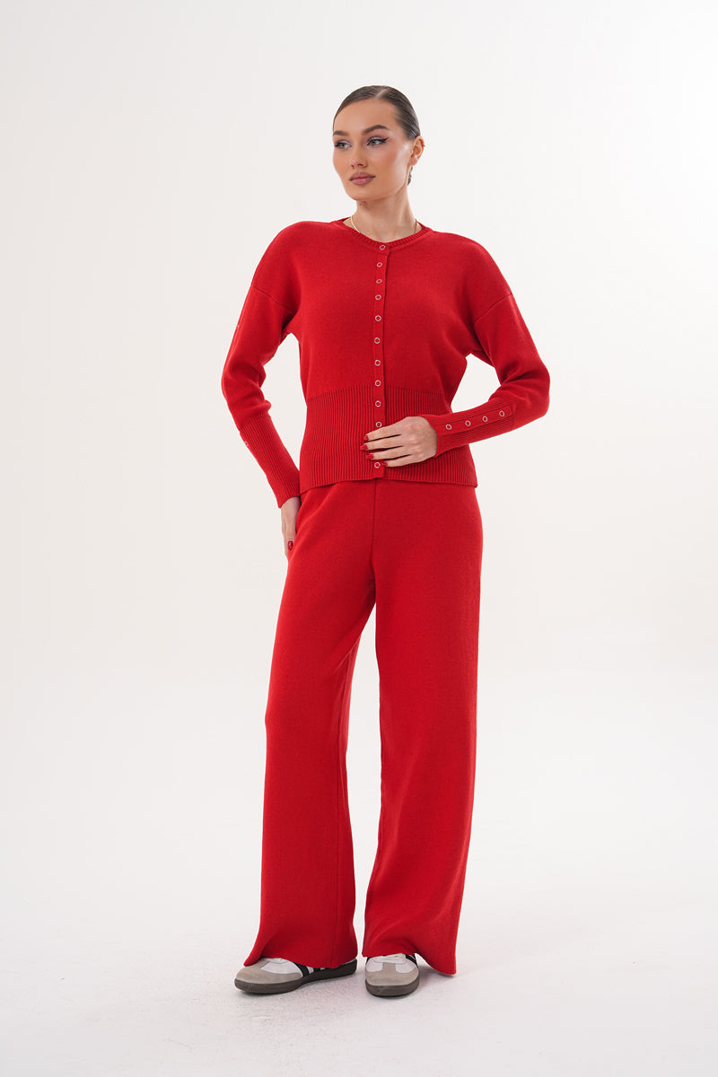 Kırmızı Düğmeli Triko Eşofman Takım