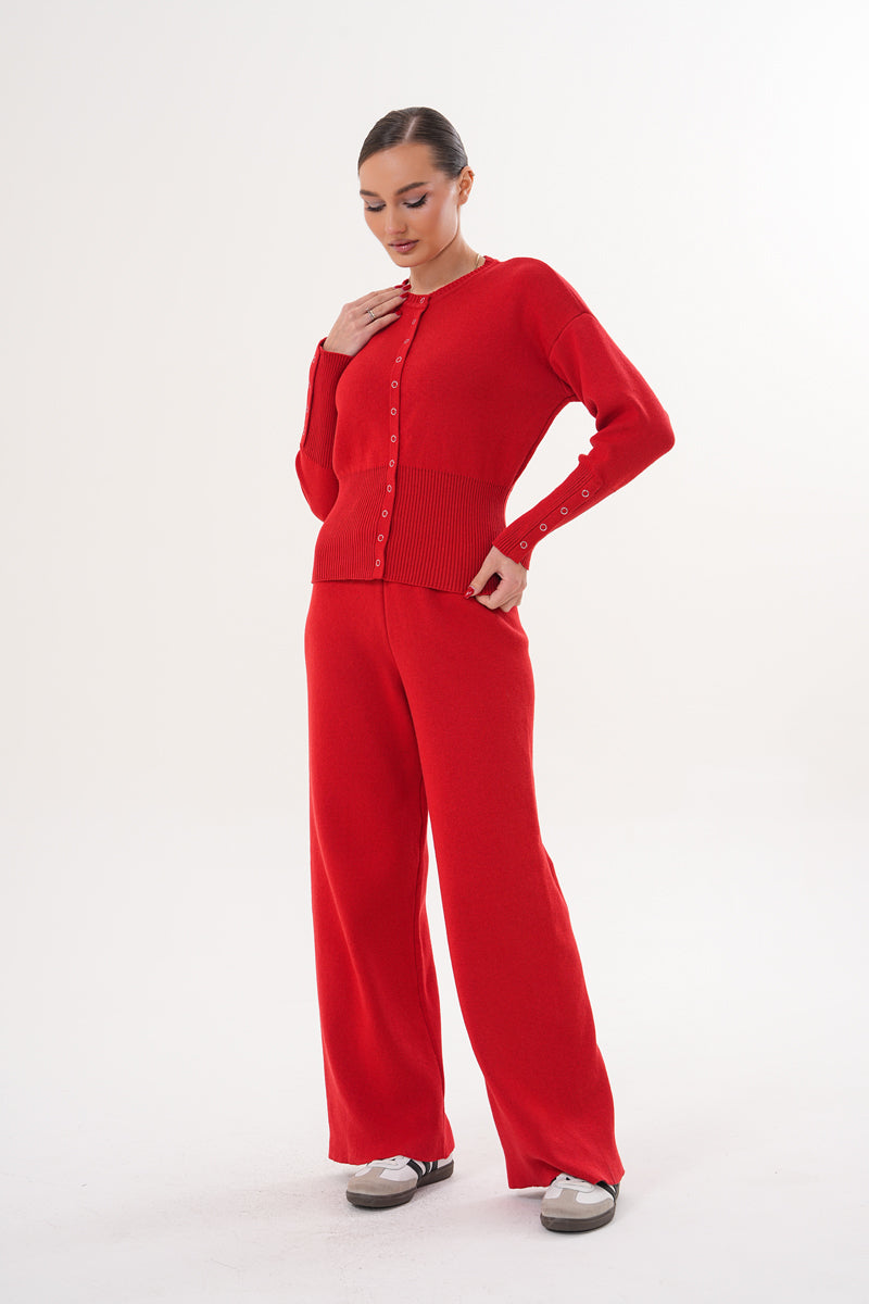 Kırmızı Düğmeli Triko Eşofman Takım