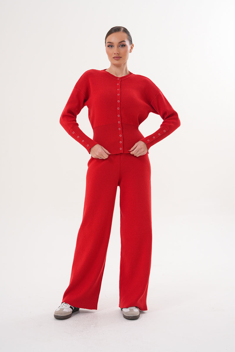 Kırmızı Düğmeli Triko Eşofman Takım