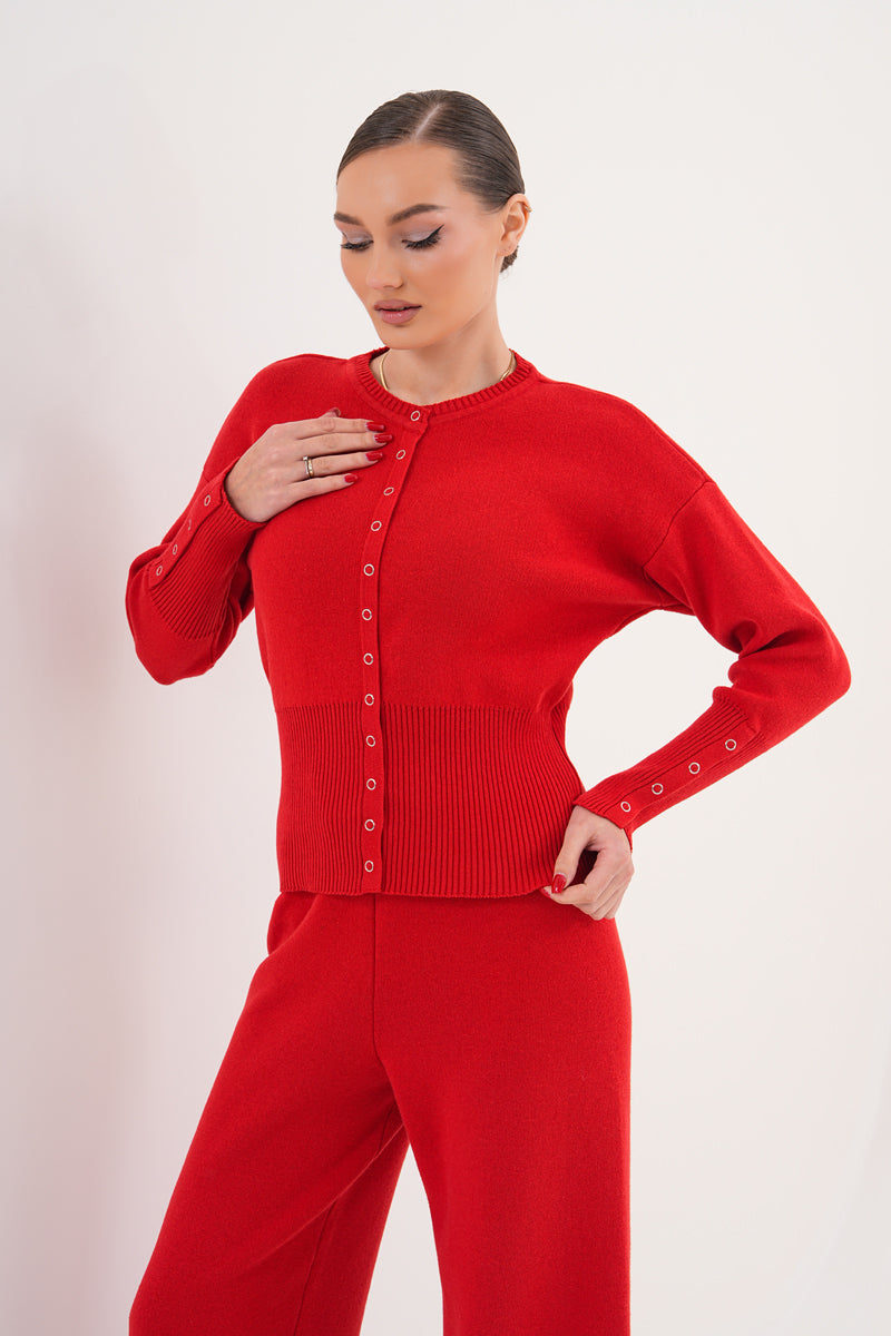 Kırmızı Düğmeli Triko Eşofman Takım