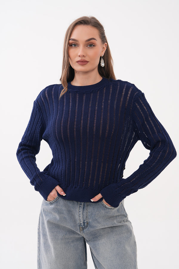 Lacivert Ajurlu Triko Bluz