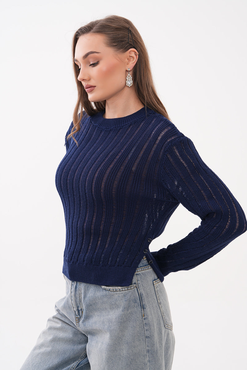 Lacivert Ajurlu Triko Bluz