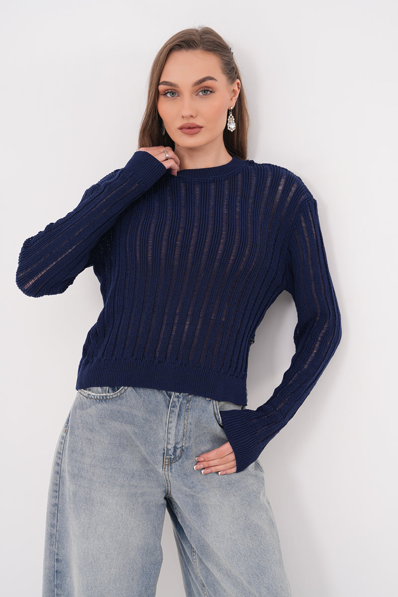 Lacivert Ajurlu Triko Bluz