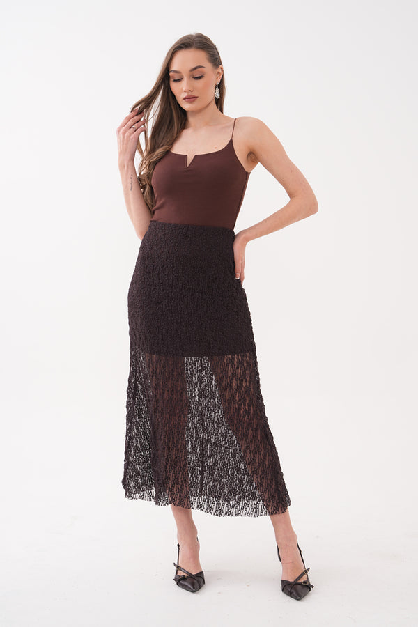Kahverengi Dantelli Uzun Etek