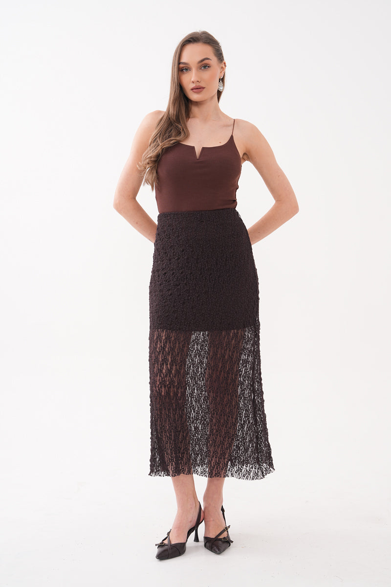 Kahverengi Dantelli Uzun Etek
