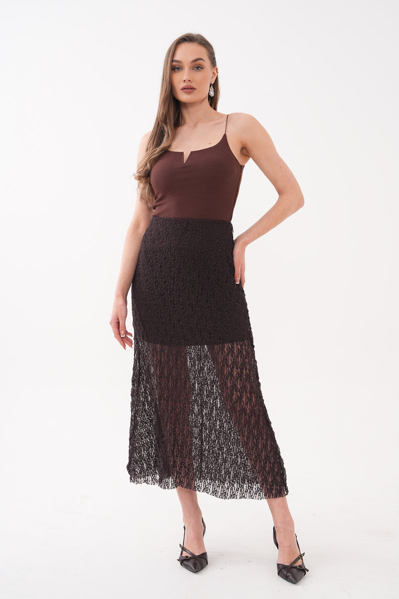 Kahverengi Dantelli Uzun Etek