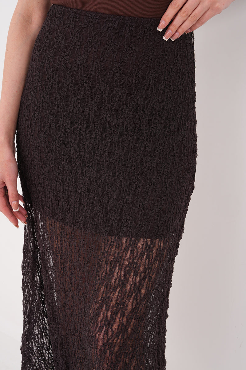 Kahverengi Dantelli Uzun Etek