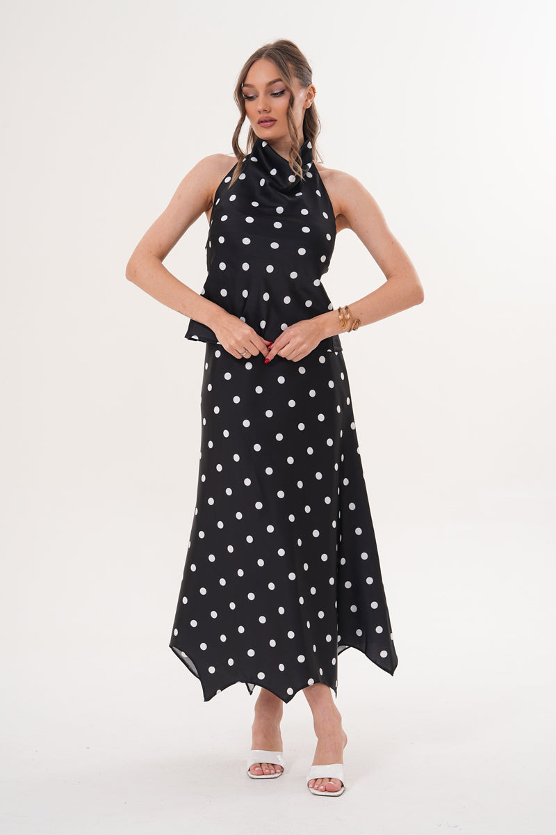 SİYAH BEYAZ PUANTİYELİ ETEK BLUZ TAKIM