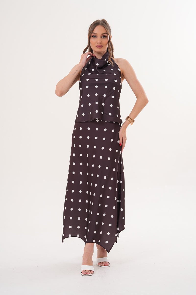 Kahverengi Beyaz Puantiyeli Etek Bluz Takim