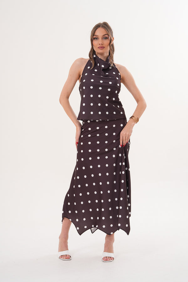 Kahverengi Beyaz Puantiyeli Etek Bluz Takim