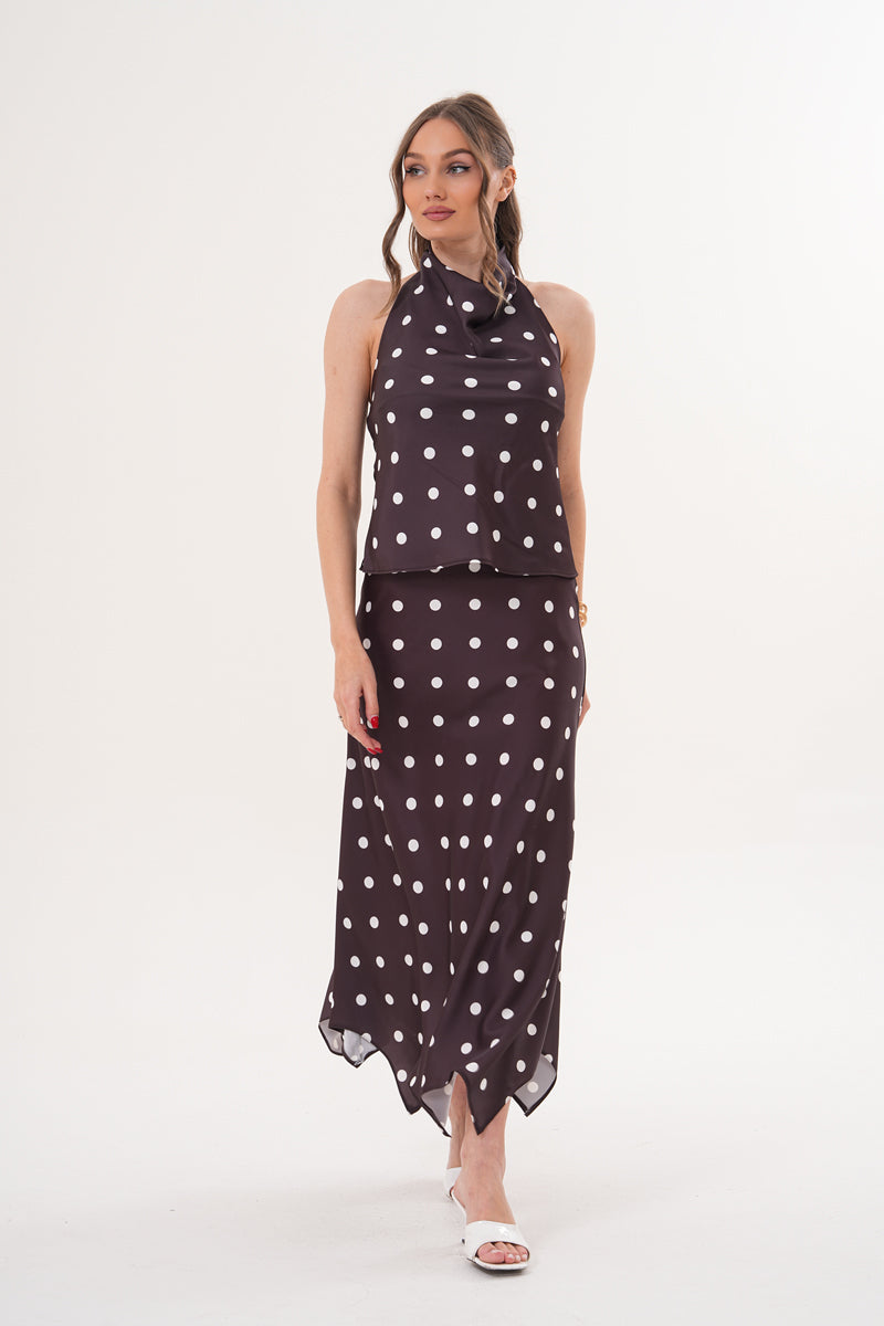 Kahverengi Beyaz Puantiyeli Etek Bluz Takim