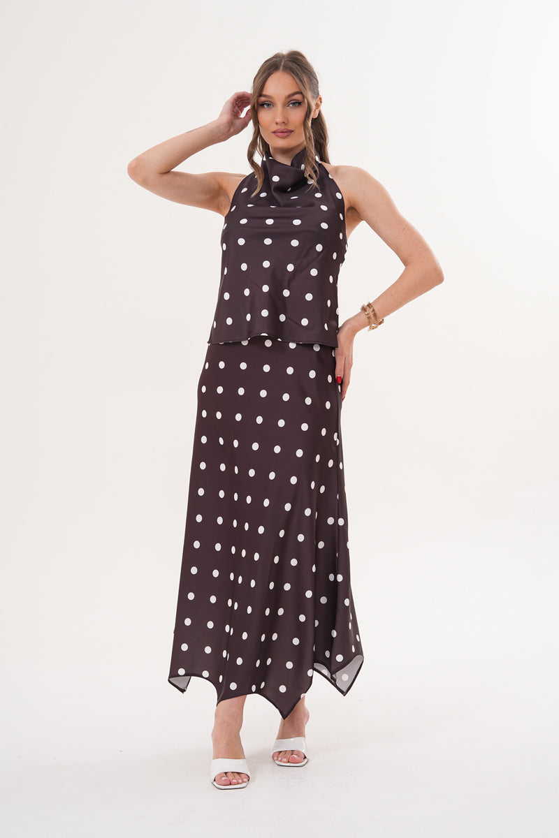 Kahverengi Beyaz Puantiyeli Etek Bluz Takim