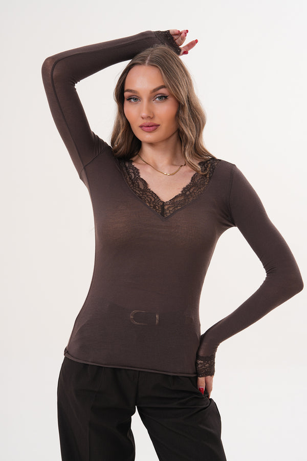 İ.m Model Kahverengi Dantel Detay Kaşmir Bluz