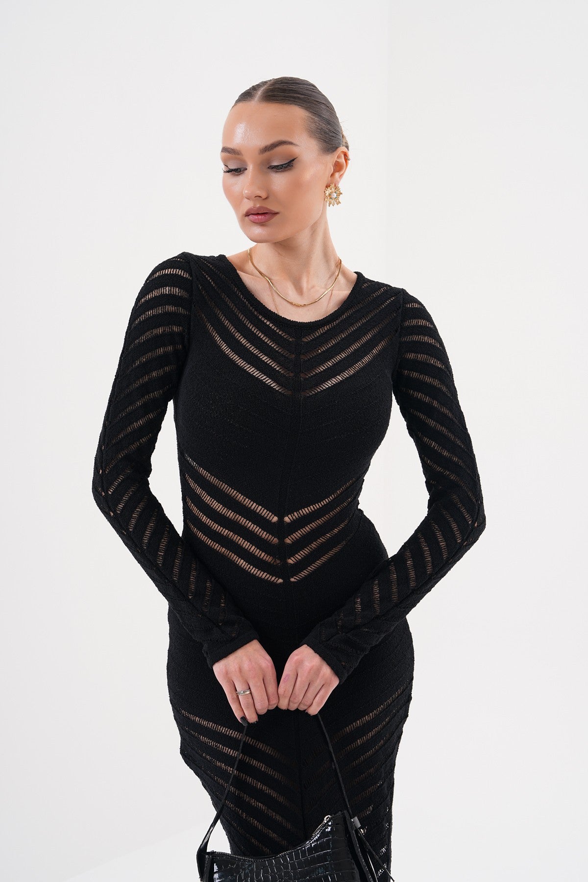 Siyah Bİsiklet Yaka Maxi Boy Transparan Elbise