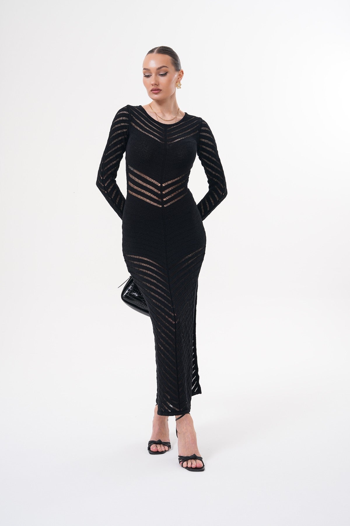 Siyah Bİsiklet Yaka Maxi Boy Transparan Elbise