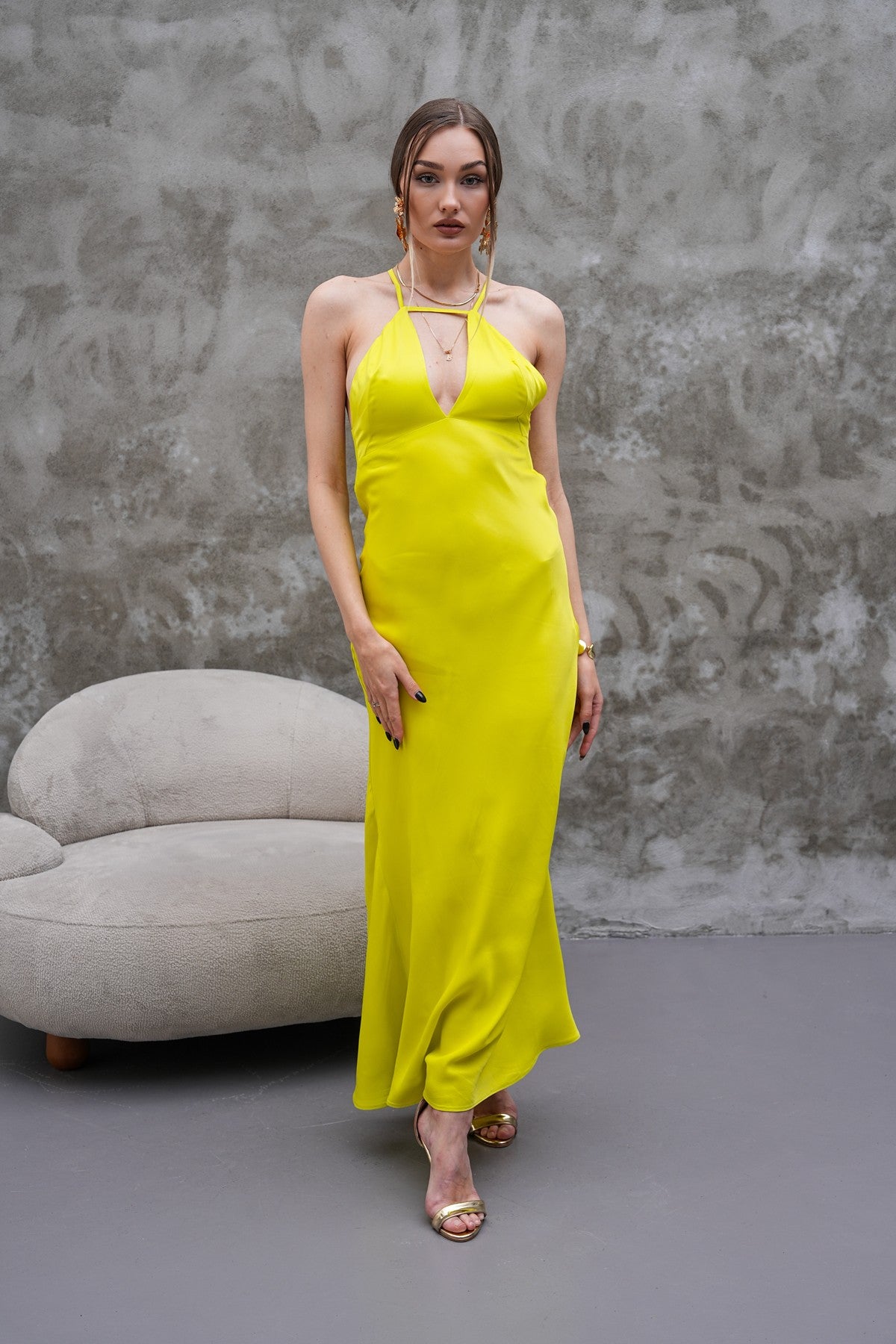 Sarı İnce Askılı Maxi Elbise