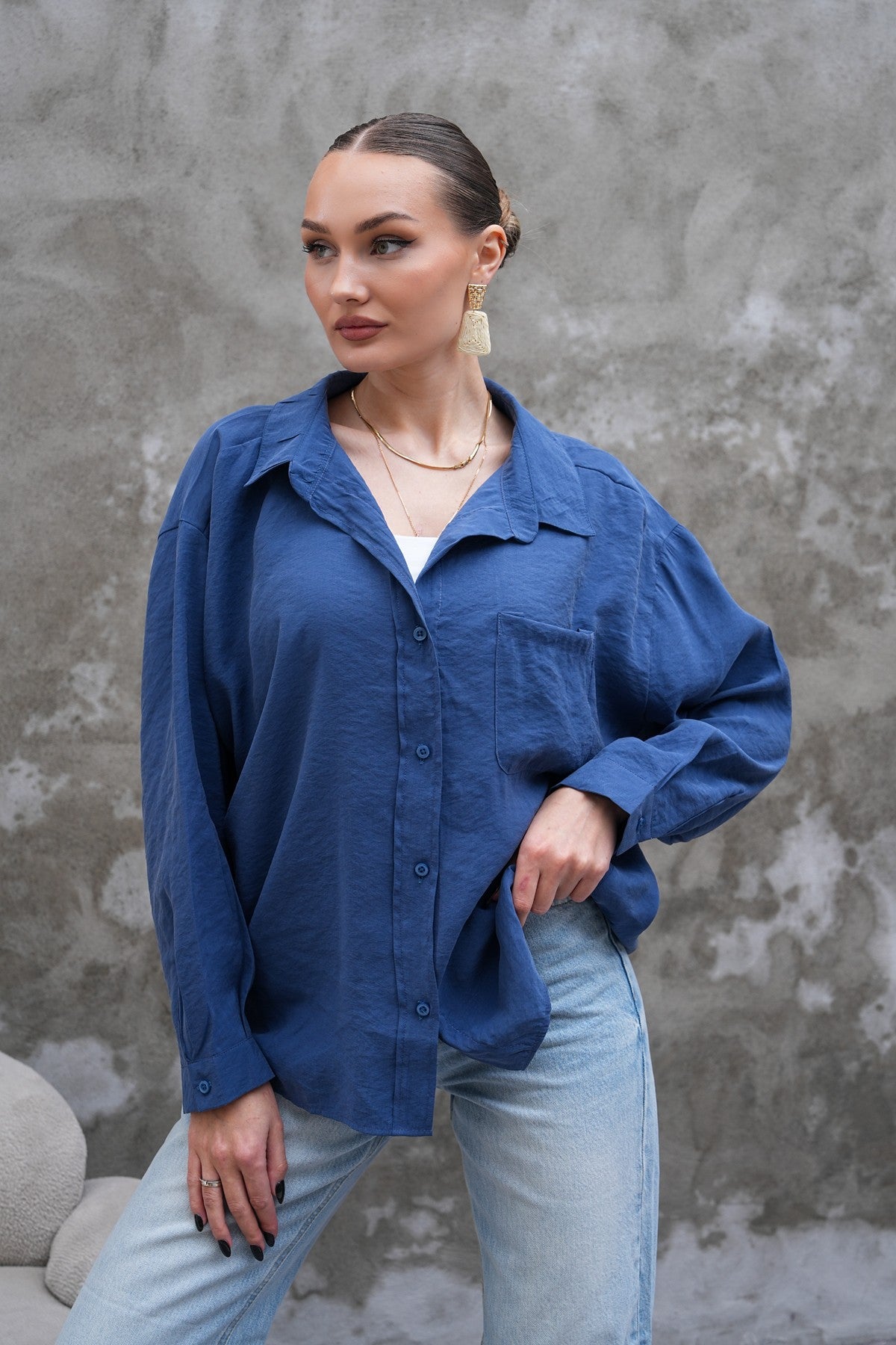 Safir Mavisi Tensel Oversize Gömlek