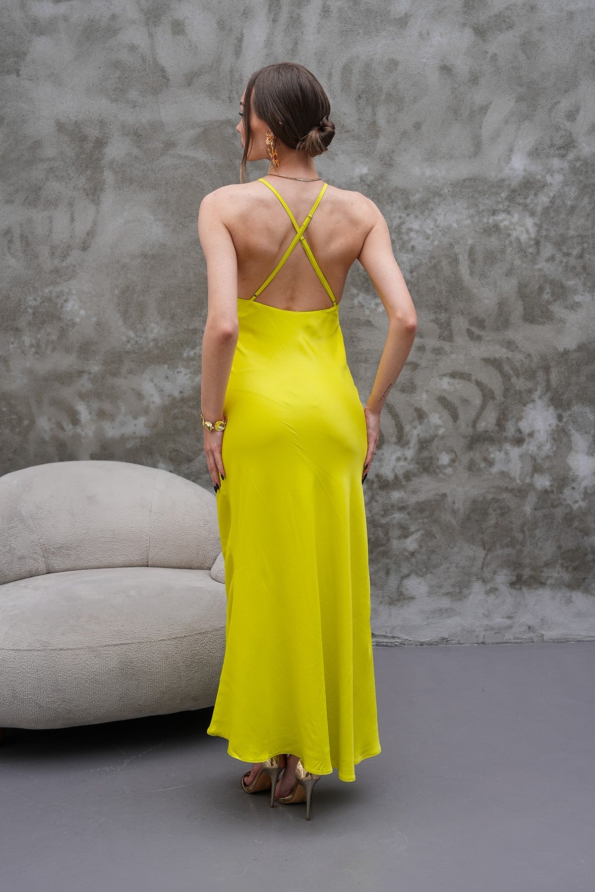 Sarı İnce Askılı Maxi Elbise