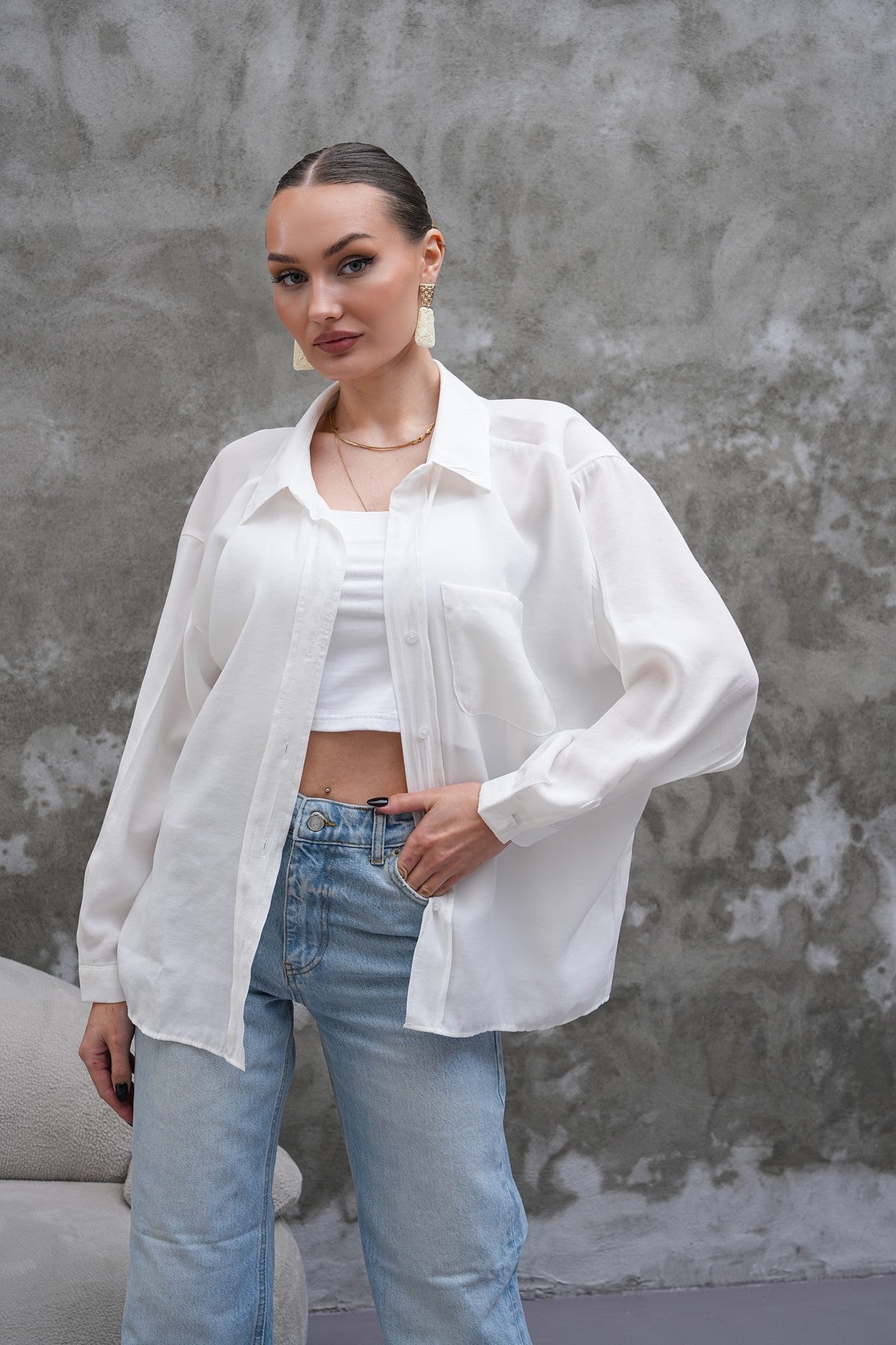 Beyaz Tensel Oversize Gömlek