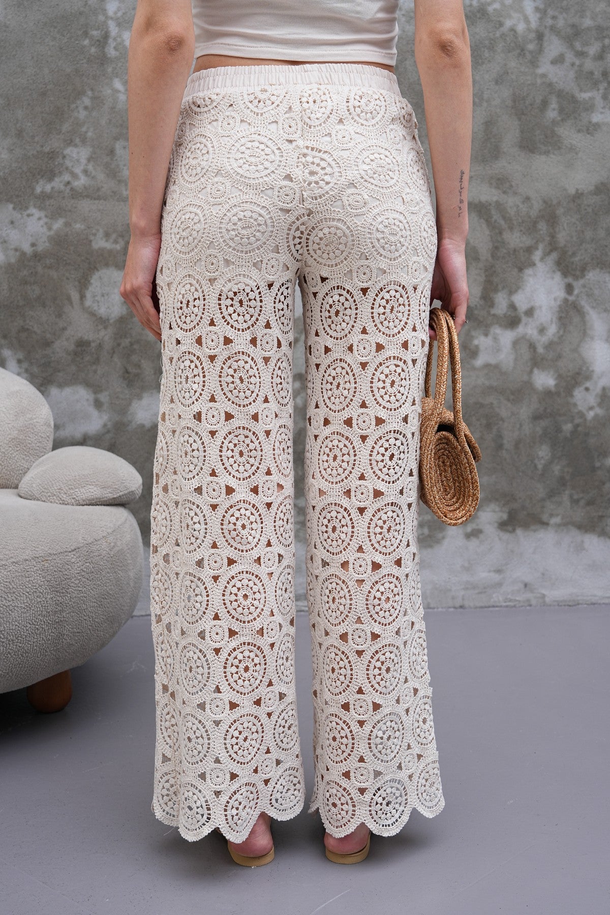 Krem Rengi Güpürlü Örme Pantolon