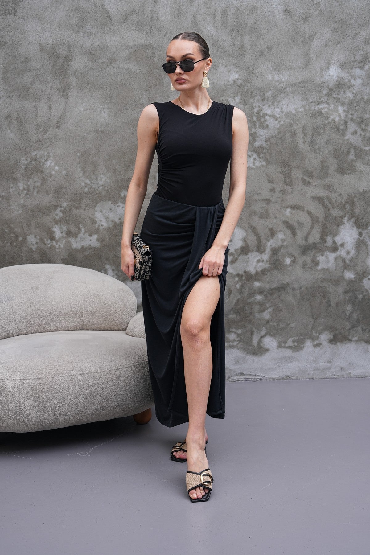 Tensel Kumaş Antrasit Yırtmaçlı Etek