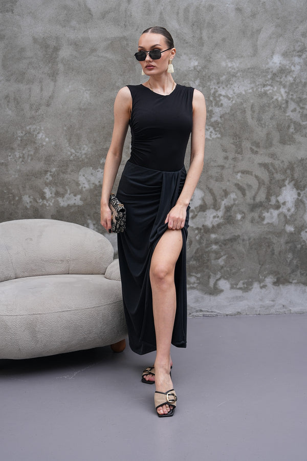 Tensel Kumaş Antrasit Yırtmaçlı Etek