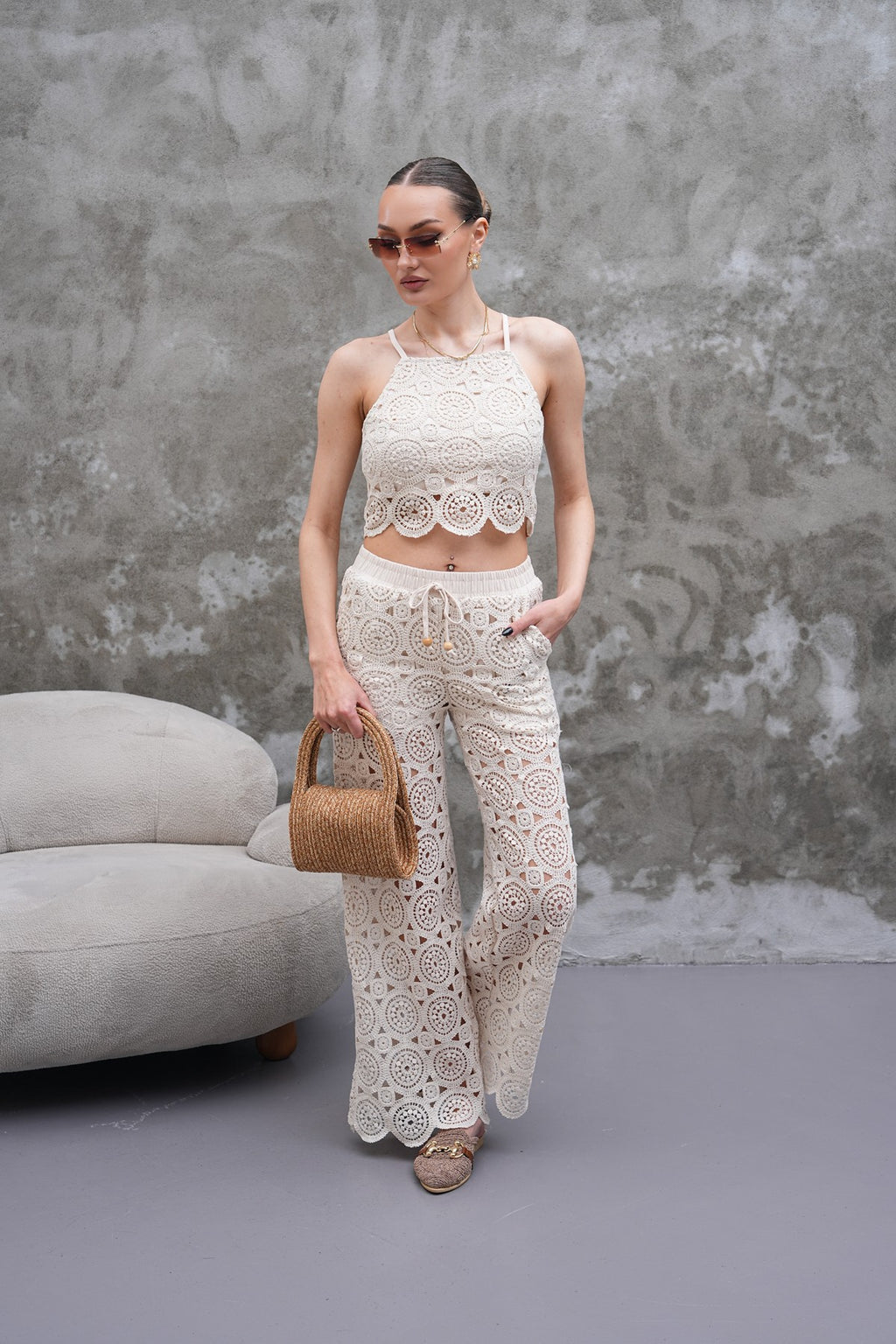 Krem Rengi Güpürlü Örme Pantolon