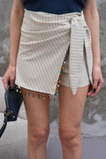 Krem Çizgili Mini Şort Etek