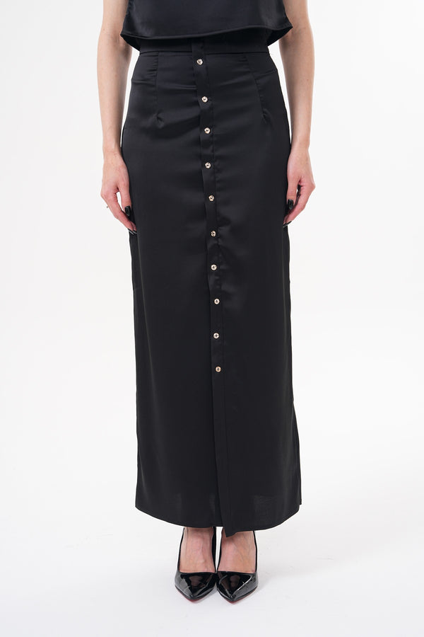 Siyah Saten Midi Boy Düğme Detaylı Etek