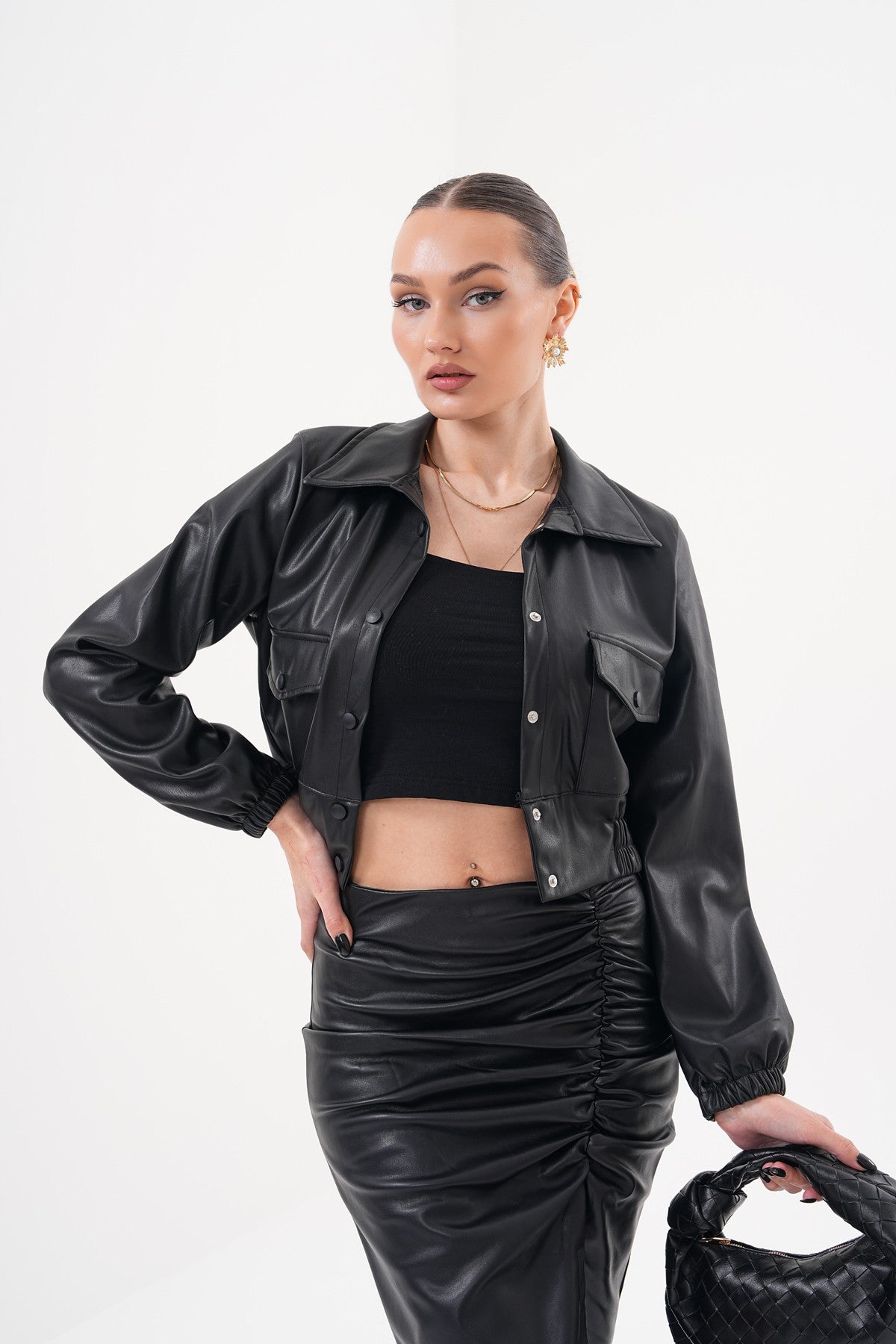 Arka Düğme Detaylı Deri Ceket