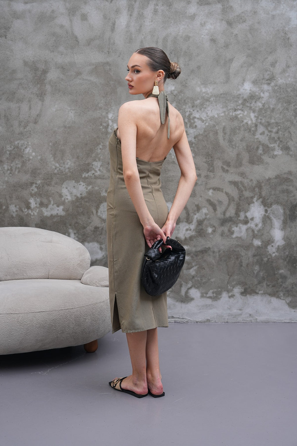 Haki Renk Boyundan Bağlama Midi Elbise