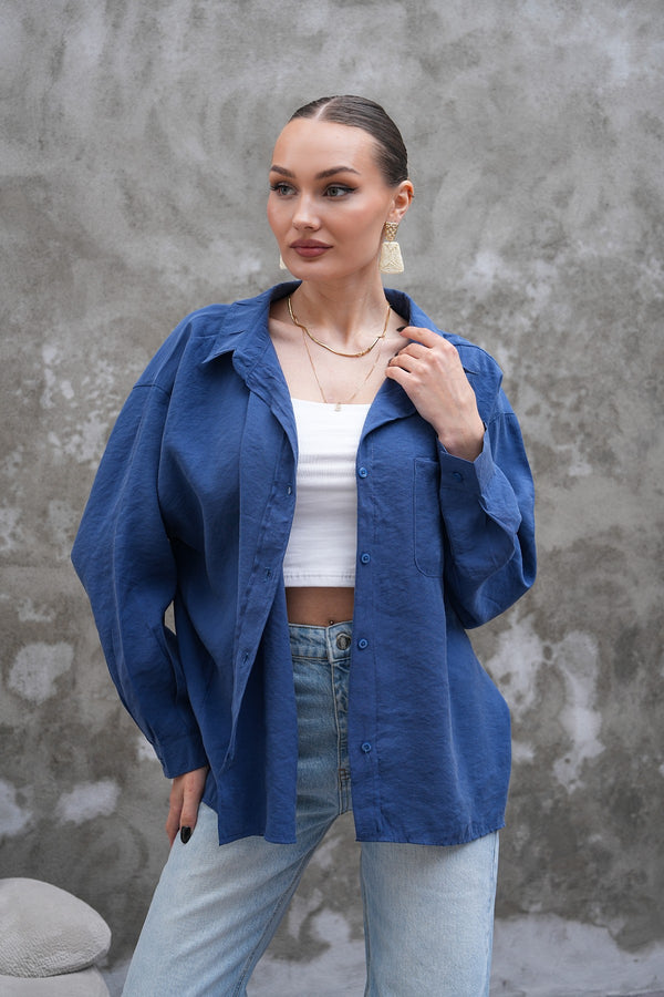 Safir Mavisi Tensel Oversize Gömlek
