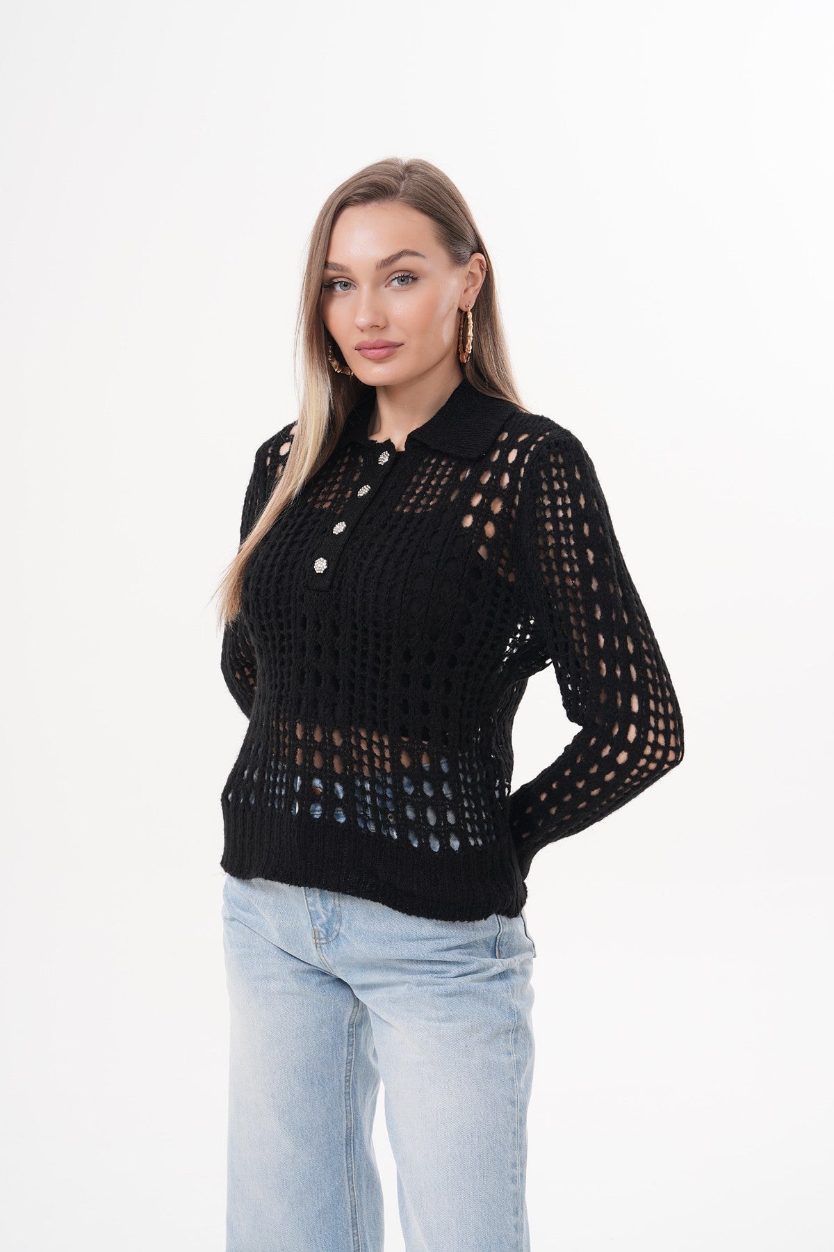 Siyah Örme Düğme Detaylı Triko Kazak