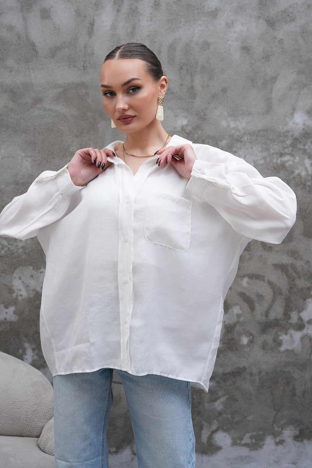 Beyaz Tensel Oversize Gömlek