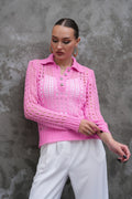 Pembe Örme Delikli Triko Kazak