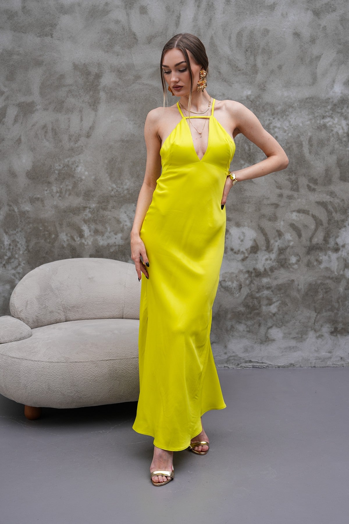 Sarı İnce Askılı Maxi Elbise