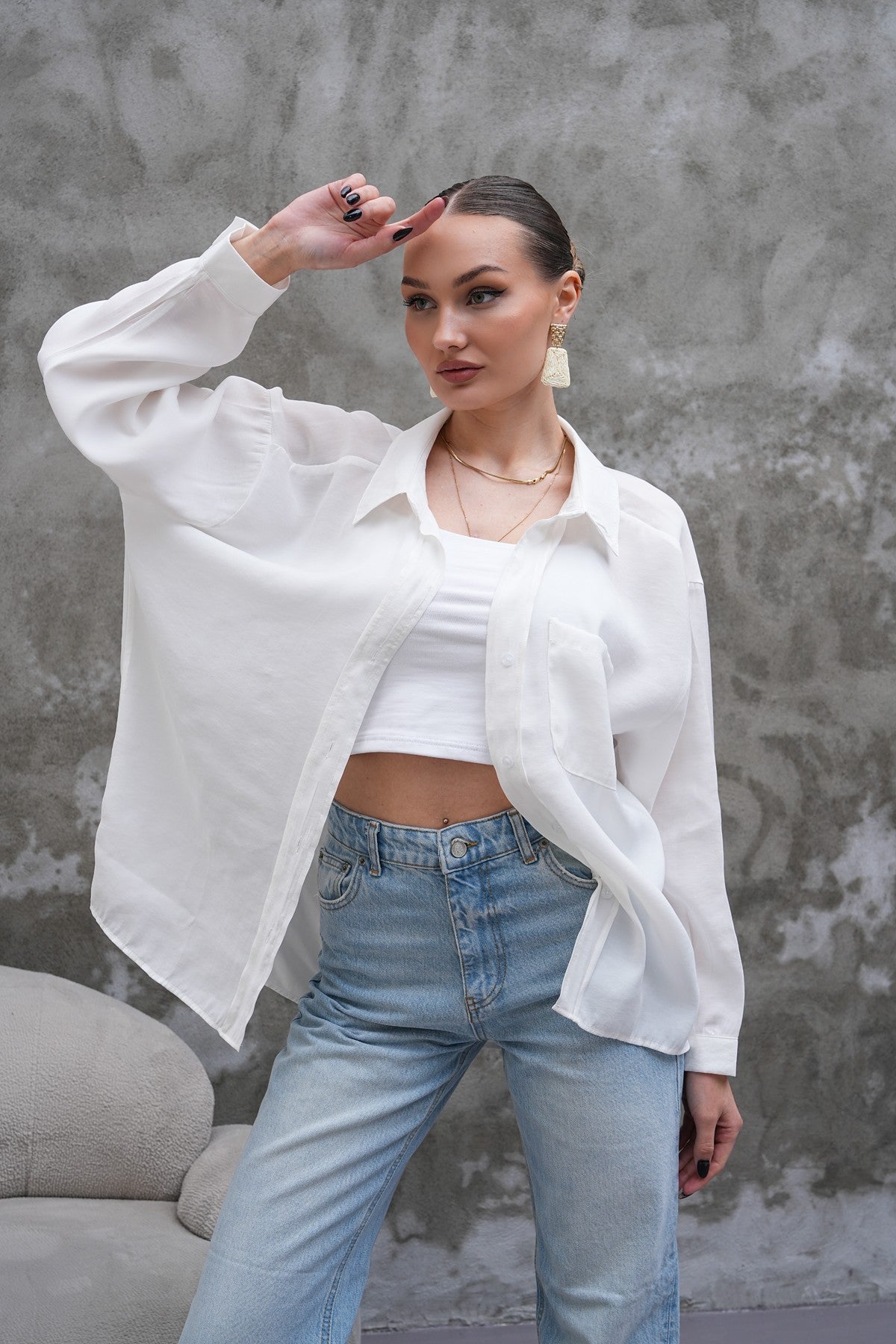 Beyaz Tensel Oversize Gömlek