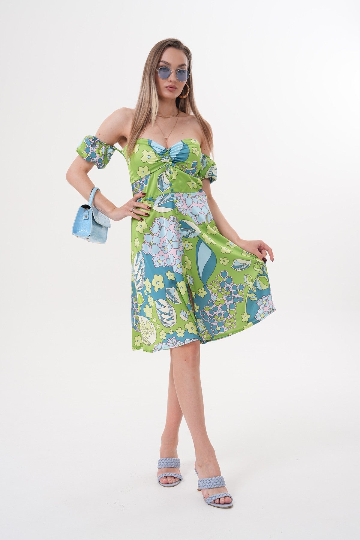 Yeşil Mavi Desenli Omuzları Açık Elbise