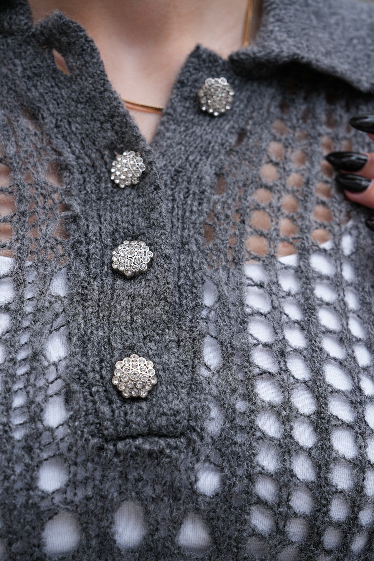 Gri Örgü Delikli Triko Kazak