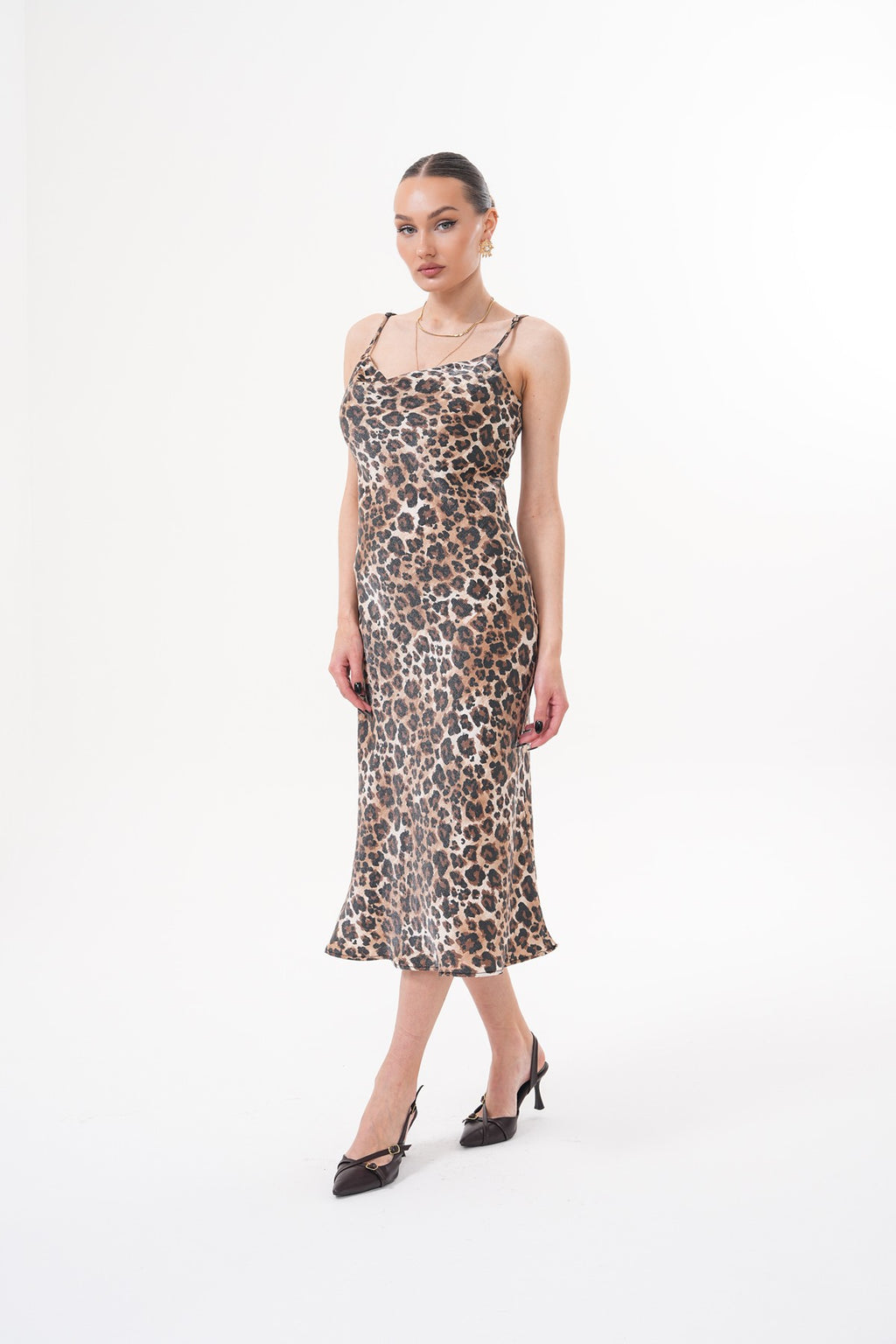 Leopar Desenli Degaje Yaka Saten Elbise