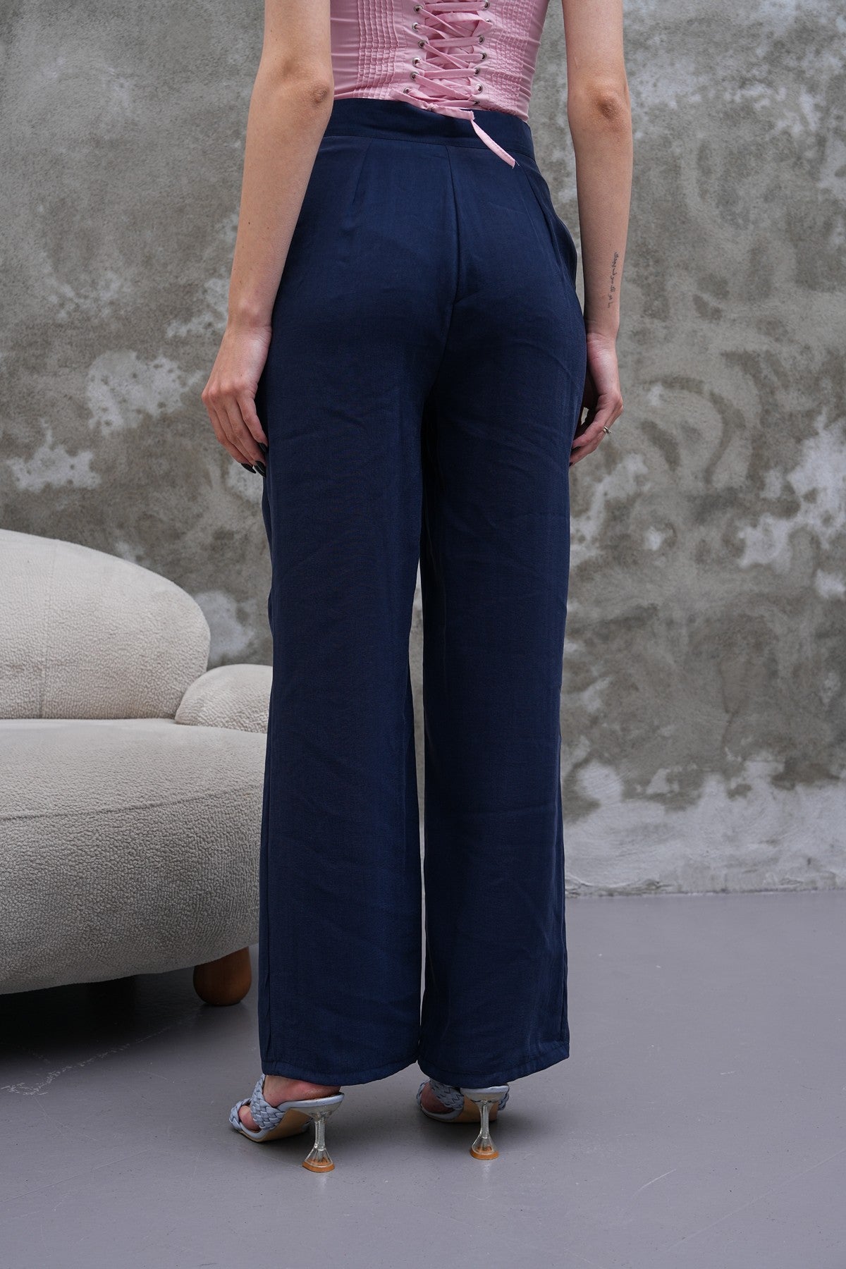 Lacivert Yüksek Bel Çıt Çıt Detaylı Pantolon