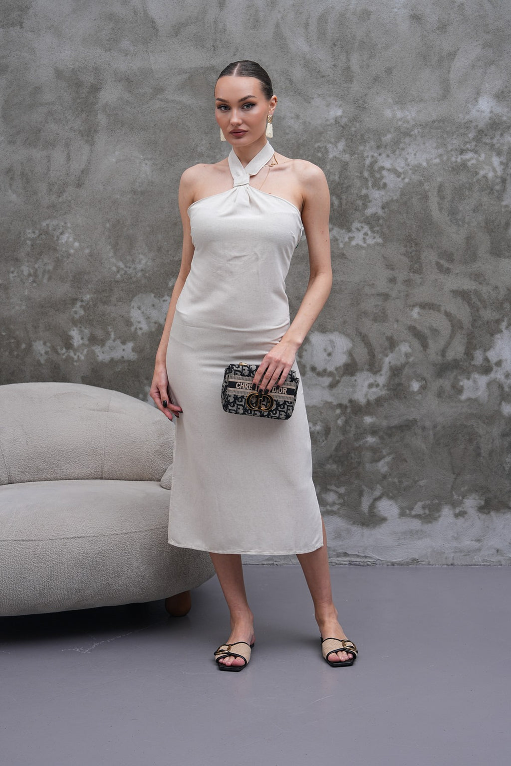 Bej Renk Keten Boyundan Bağlama Midi Elbise