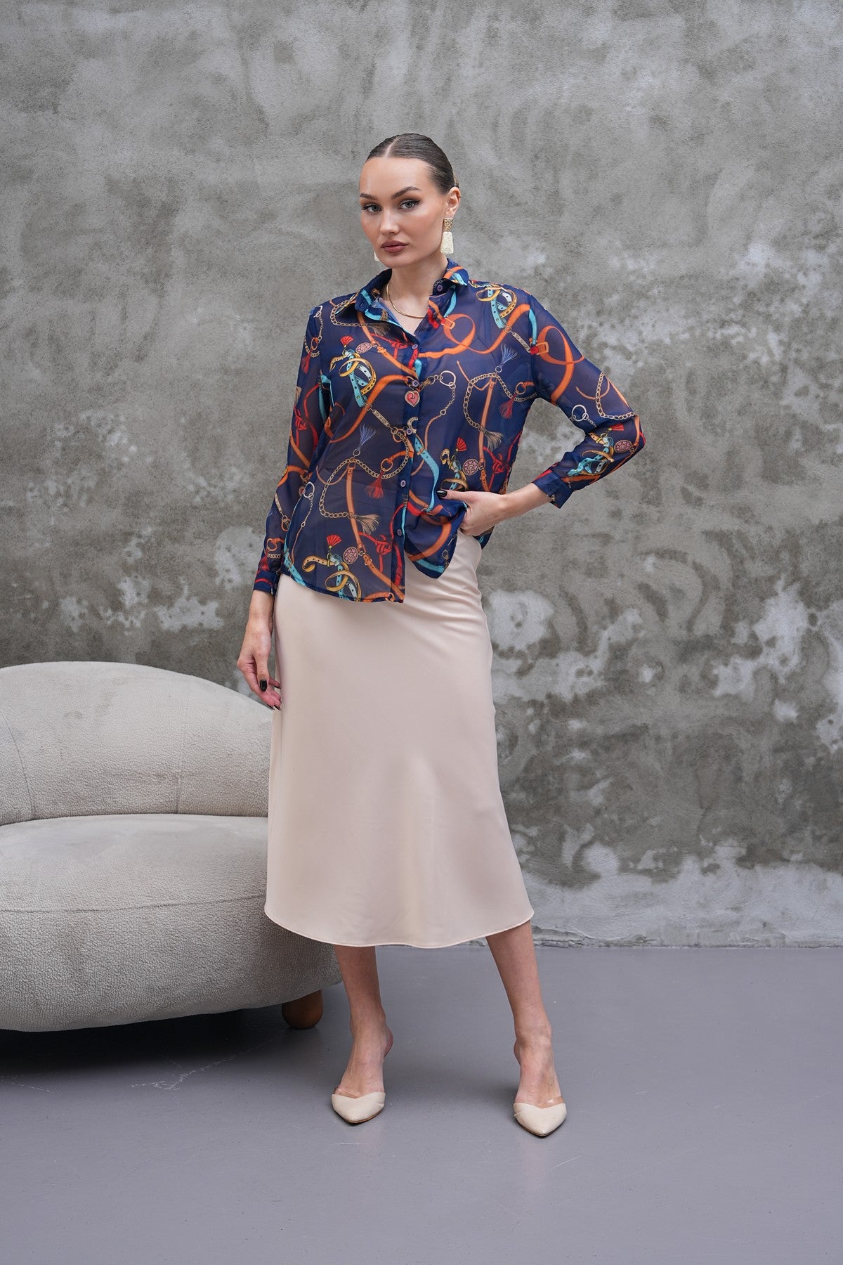 Saten Midi Boy Ekru Etek