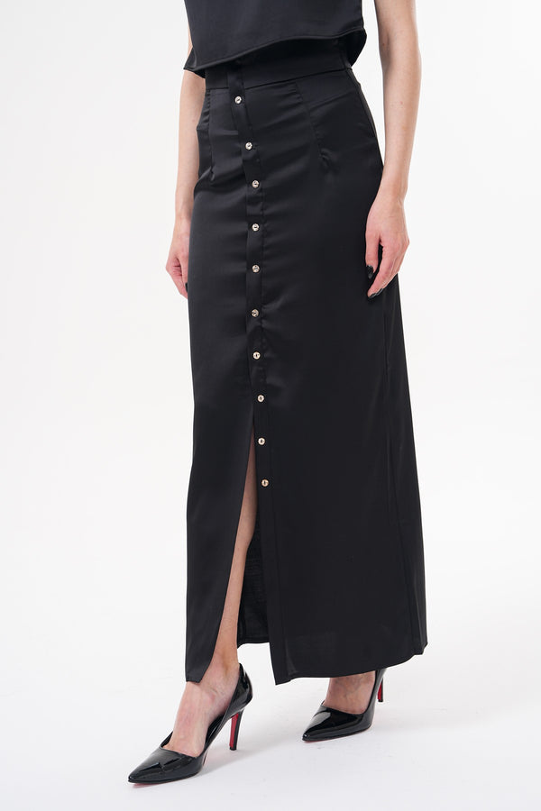 Siyah Saten Midi Boy Düğme Detaylı Etek