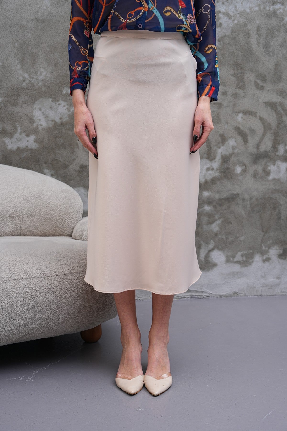 Saten Midi Boy Ekru Etek