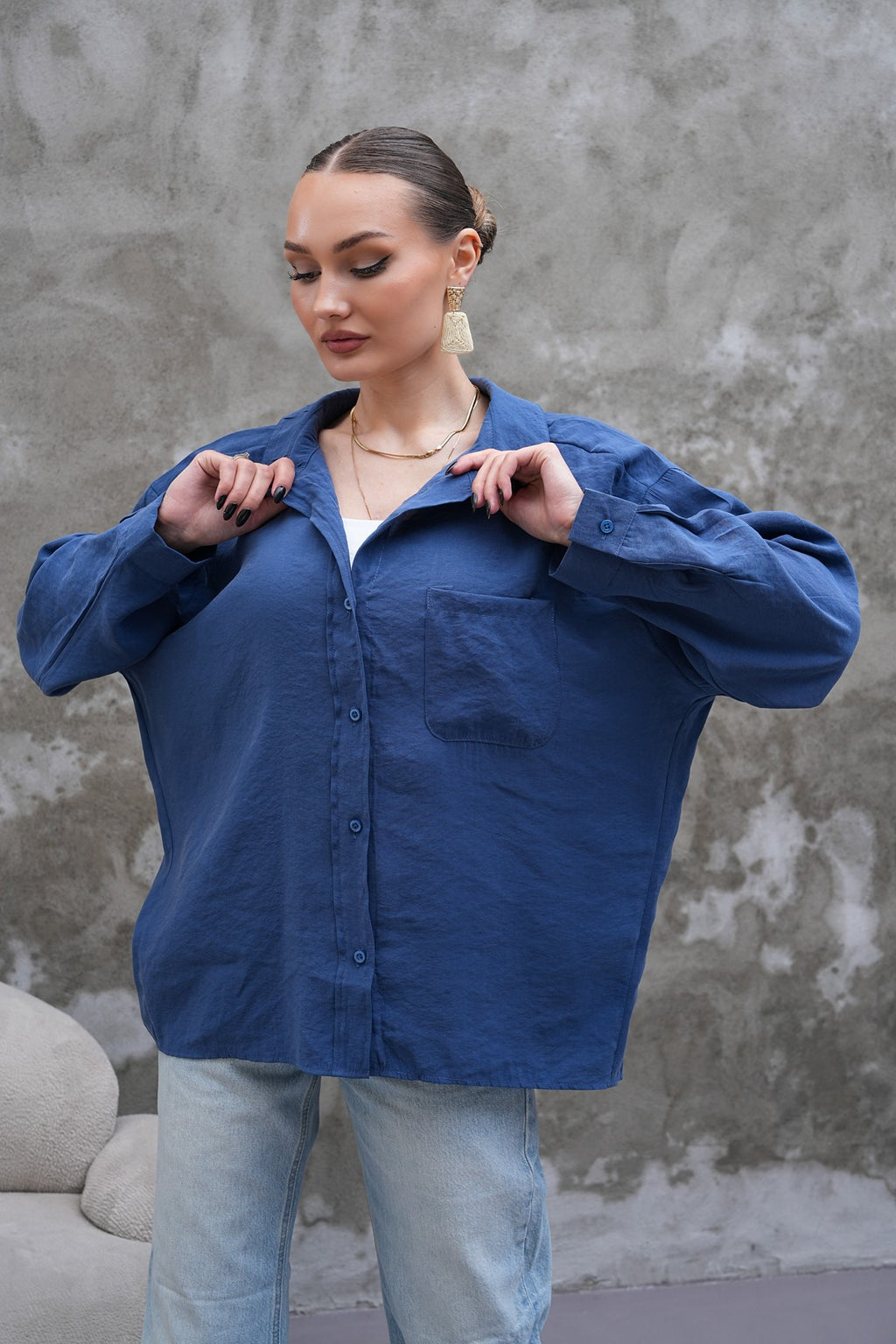 Safir Mavisi Tensel Oversize Gömlek