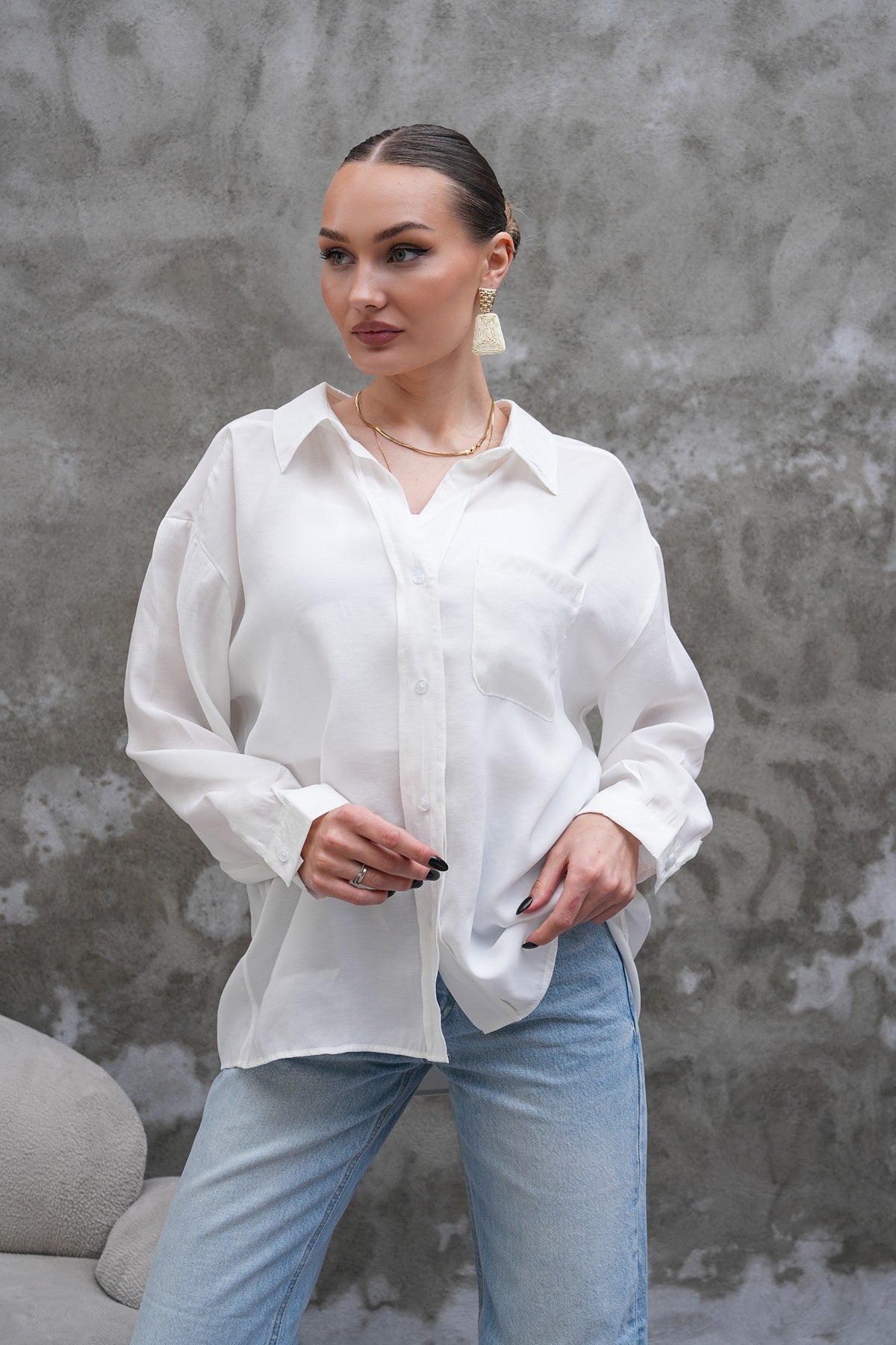 Beyaz Tensel Oversize Gömlek