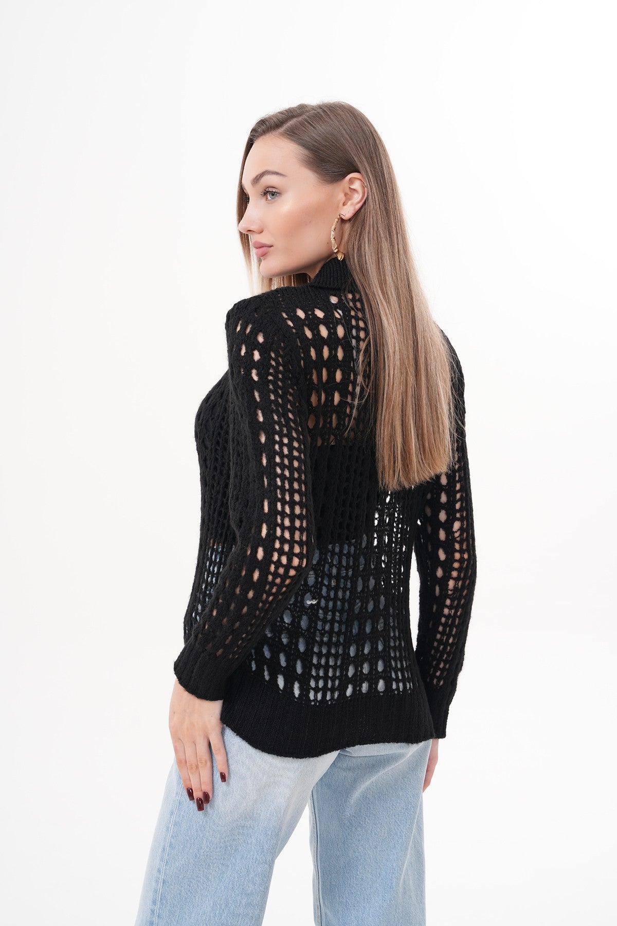 Siyah Örme Düğme Detaylı Triko Kazak